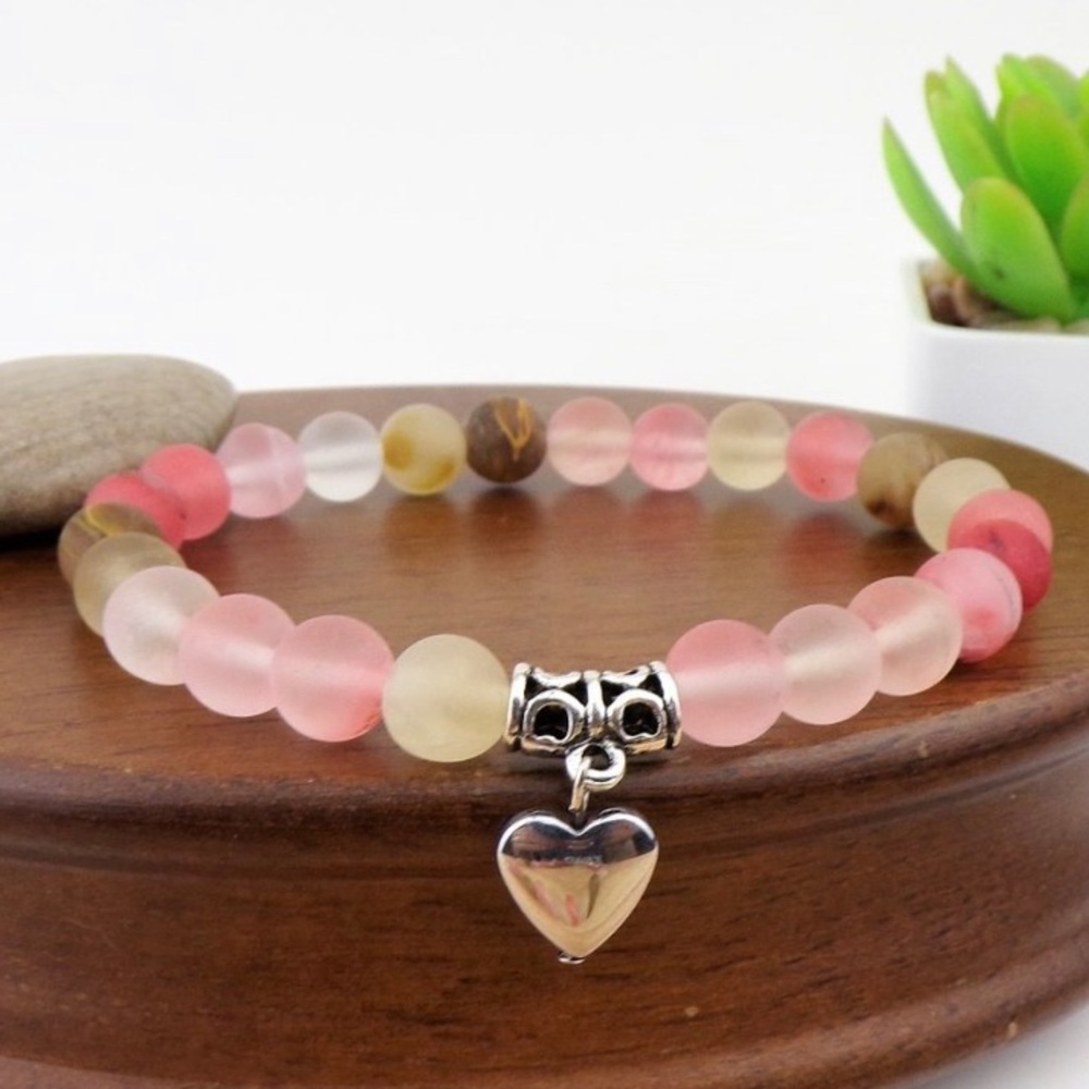 Set of 2 Cherry Quartz Bracelets with Heart Charms